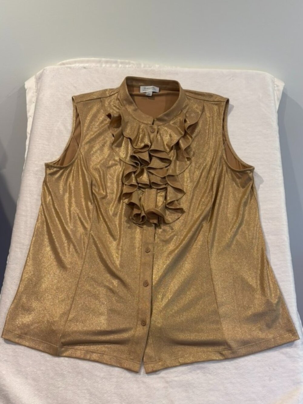 Tahari Arthur S Levine Gold Metallic Ruffle Front Sleeveless Blouse Womens XL